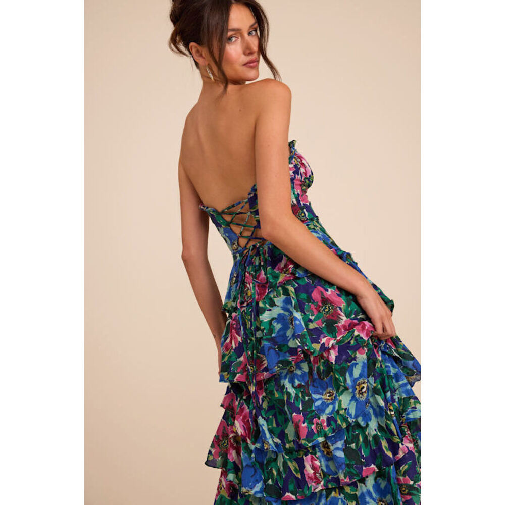 Lulus Nayha Blue Multi Floral Strapless Tiered Midi Dress - Size XS